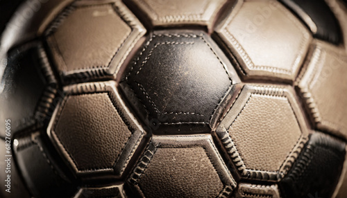 Extreme close-up of an old leather soccer ball with hexagons, full frame, background.