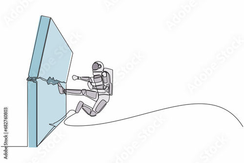 Single one line drawing young astronaut doing kungfu or karate flying kick to destroy brick wall. Success in space exploration. Cosmic galaxy space. Continuous line graphic design vector illustration