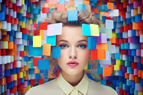 Colourful digital sticky notes around the head of woman. Networking and multitask. photo