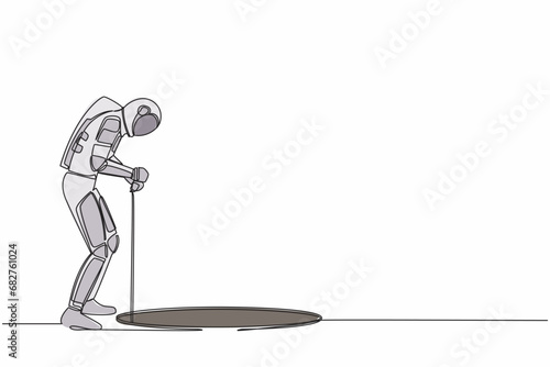 Single continuous line drawing of astronaut stretch out rope into hole. Spaceman wondering and looking at hole. Spaceship exploration. Cosmonaut deep space. One line graphic design vector illustration