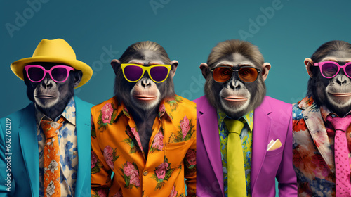Fotografia Creative animal concept. Ape in a group vibrant brig