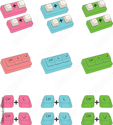 Keyboard button, Vector illustrating CTRL C and CTRL V keyboard shortcuts in multiple colors