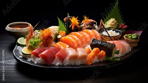 an inviting scene of a sushi platter with a variety of sushi, sashimi, and creative toppings