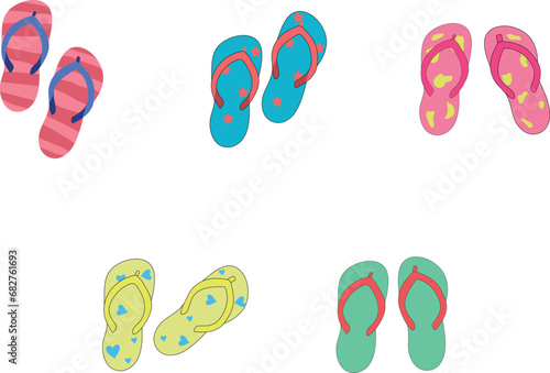 Footwear, shoes, summer conceptDifferent colorful flip flops flat vector illustrations set. Rubber slippers with different graphic patterns for walking in street or on beach on white background. 