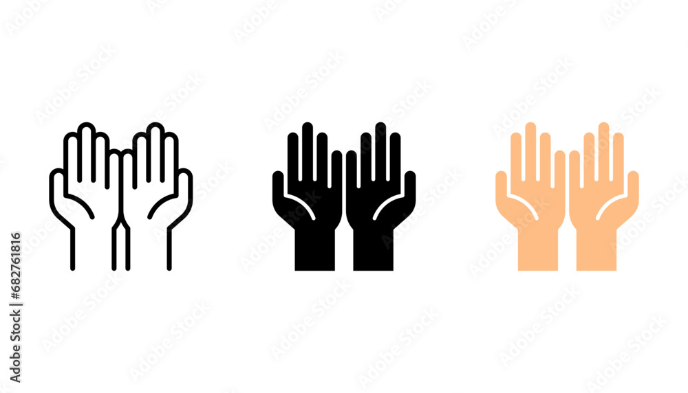 Raising hands to celebrate line art vector icon set, vector illustration on white background