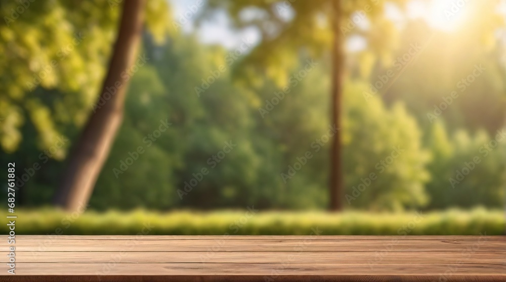 Empty wooden table over blurred green forest background, product display montage.