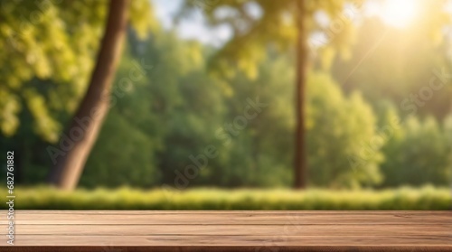 Empty wooden table over blurred green forest background, product display montage.