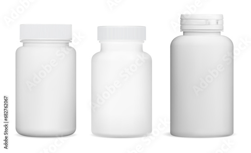 Medicine pill bottle mockup. Vitamin jar white blank. Pharmaceutical supplement capsule template. Prescription cure pills plastic container, realistic medical sample. Vector illustration