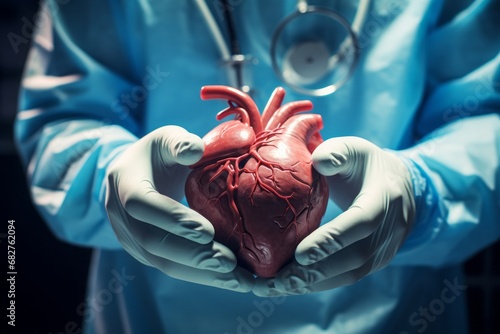 Close-up of doctor's gloved hands holding human heart photo