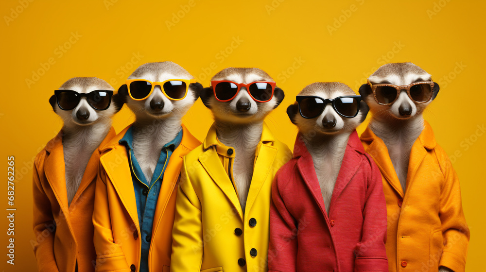 Creative animal concept. Meerkat in a group vibrant