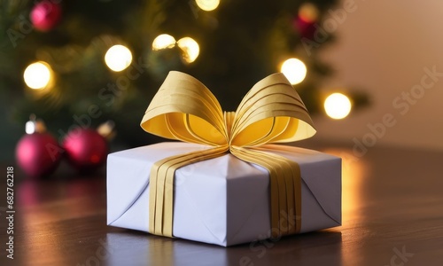 New Year's gift under the Christmas tree in the light of garlands. Origami style.