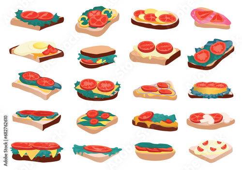 Tomato sandwiches set in flat cartoon design. This vibrant and colorful set of beautifully crafted tomato sandwiches - a feast for the eyes and the taste buds. Vector illustration.