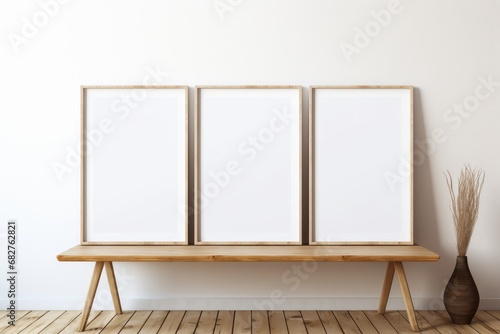 Three frames with blank poster mockup on wooden table with green plant in pot. White wall background