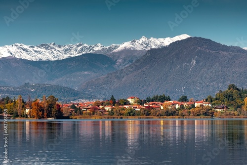 Autumn view of Varese lake in the pre-Alpine region in Lombardy, Italy photo
