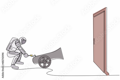 Single continuous line drawing of young astronaut ignites cannon in front of door and destroying door. Eliminating barrier of entries. Cosmonaut deep space. One line graphic design vector illustration