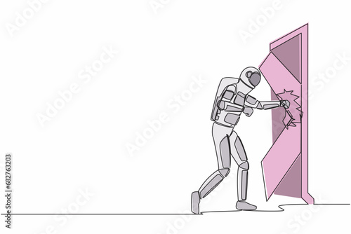 Continuous one line drawing astronaut punching and destroying door. Depicts eliminating barrier of entries, overcome challenges. Cosmonaut outer space. Single line graphic design vector illustration