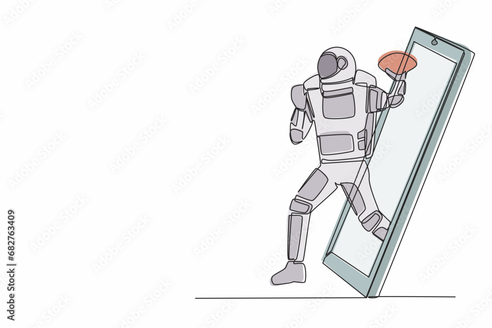 Single one line drawing of american football astronaut player running getting out of smartphone screen. Cosmic galaxy space. Online game mobile app. Continuous line graphic design vector illustration
