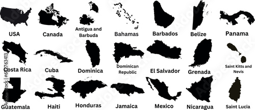 North America, Central America, map silhouette, vector illustration. Includes USA, Canada, Mexico, Cuba, Barbados, Panama, Costa Rica, Guatemala, Haiti, Honduras, Jamaica, Nicaragua, Saint Lucia