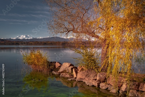 Autumn view of Varese lake in the pre-Alpine region in Lombardy, Italy