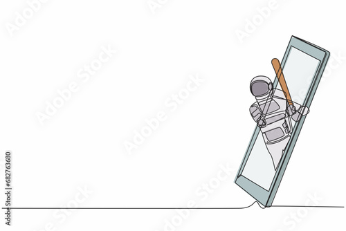 Continuous one line drawing astronaut baseball player ready to hit the ball getting out of smartphone screen. Mobile sports play matches. Cosmonaut outer space. Single line design vector illustration