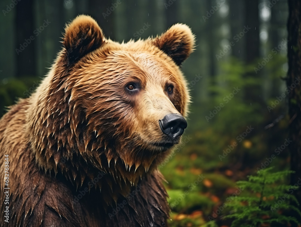 A close-up shot capturing the majestic details of a bear in its natural habitat. A close-up shot capturing the majestic details of a bear in its natural habitat.