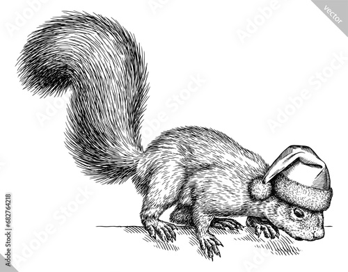 Vintage engraving isolated squirrel set dressed christmas rodent illustration ink santa costume sketch. Forest background gnawer animal silhouette new year hat art. Hand drawn vector image