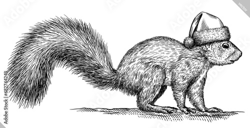 Vintage engraving isolated squirrel set dressed christmas rodent illustration ink santa costume sketch. Forest background gnawer animal silhouette new year hat art. Hand drawn vector image