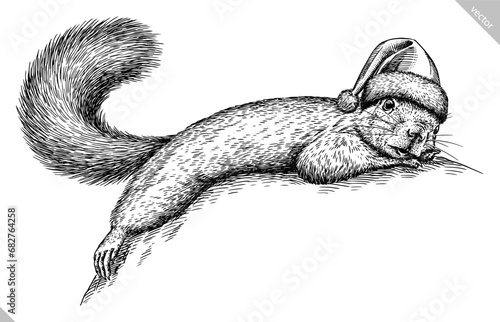 Vintage engraving isolated squirrel set dressed christmas rodent illustration ink santa costume sketch. Forest background gnawer animal silhouette new year hat art. Hand drawn vector image