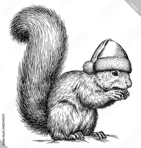 Vintage engraving isolated squirrel set dressed christmas rodent illustration ink santa costume sketch. Forest background gnawer animal silhouette new year hat art. Hand drawn vector image