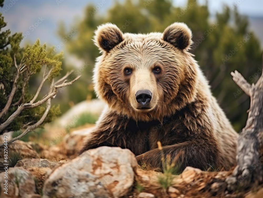 A close-up shot capturing the majestic details of a bear in its natural habitat. A close-up shot capturing the majestic details of a bear in its natural habitat.