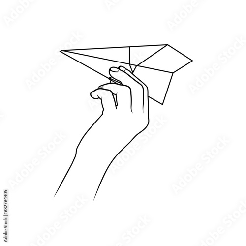 Illustration of Hand Throwing Origami Paper Airplane. Symbol of Traveling. Editable Line. Adjustable Stroke.