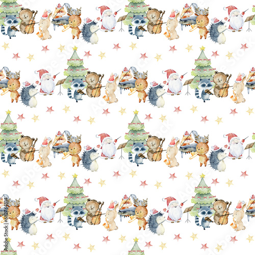Watercolor christmas seamless pattern with animals playing musical instruments.