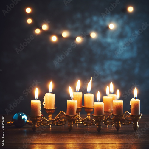 Ai generated.Hanukkah. celebration concept for Hanukkah. flat design Hanukkah. Hanukkah concept.Happy Hanukkah greeting card with burning candles on bokeh background photo
