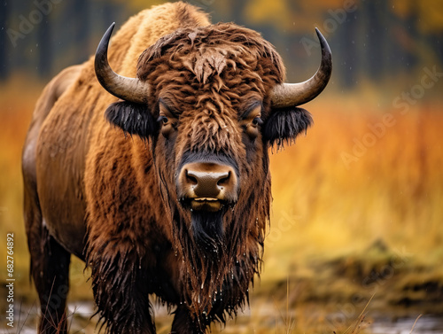 A powerful bison stands in a natural setting, exuding strength and wild beauty.
