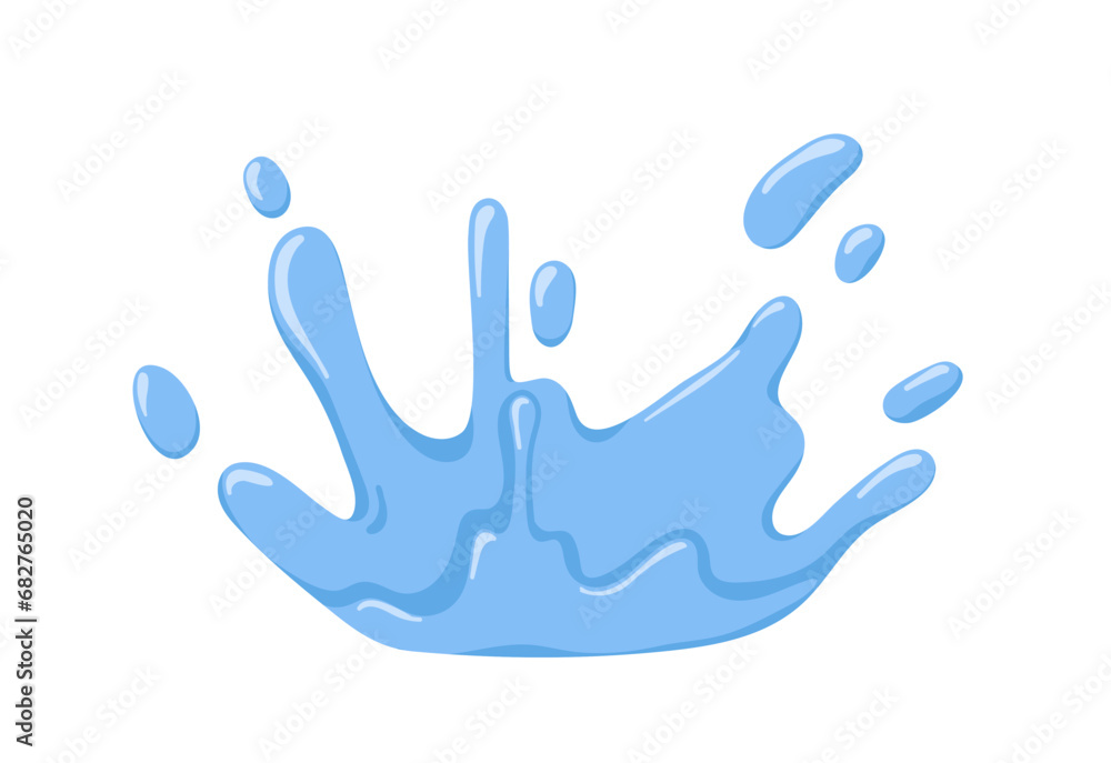 Water splash, spay, spatter in motion. Fresh clean aqua splatter, flow. Dynamic blue liquid of crown shape. Refreshing fluid, design element. Flat vector illustration isolated on white background Water splash, spay, spatter in motion. Fresh clean aqua splatter, flow. Dynamic blue liquid of crown shape. Refreshing fluid, design element. Flat vector illustration isolated on white background