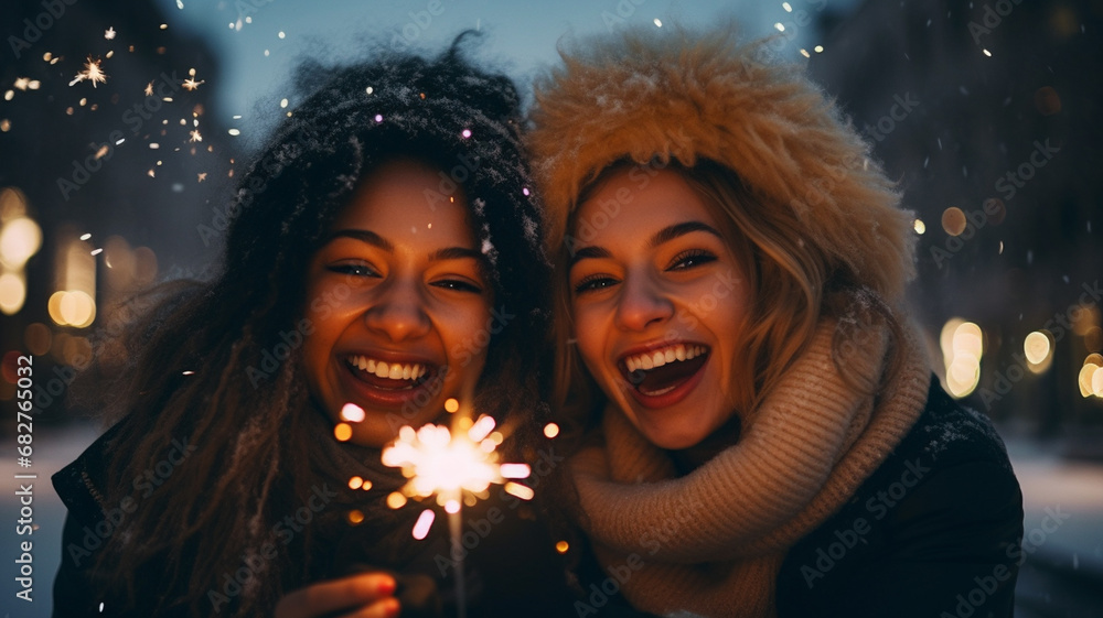 People holding sparklers in winter park People holding sparklers in winter park
