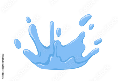 Water splash, spay, spatter in motion. Fresh clean aqua splatter, flow. Dynamic blue liquid of crown shape. Refreshing fluid, design element. Flat vector illustration isolated on white background