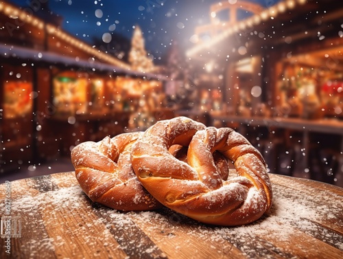 The warm pretzel, freshly baked and sprinkled with salt, was served on a wooden board at the bustling street market, Generative AI