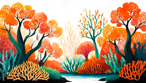 Coral garden in gouache with white background