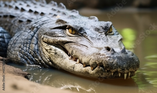 An alligator lies on land with mouth open amongst muddy environment