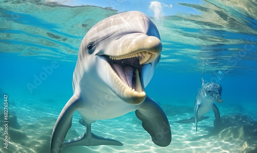 A cheerful dolphin with mouth open, swimming in the sunlit sea. © Jan