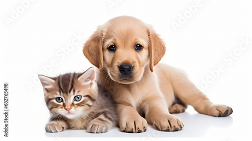 Cute little kitten cat and cute puppy dog together