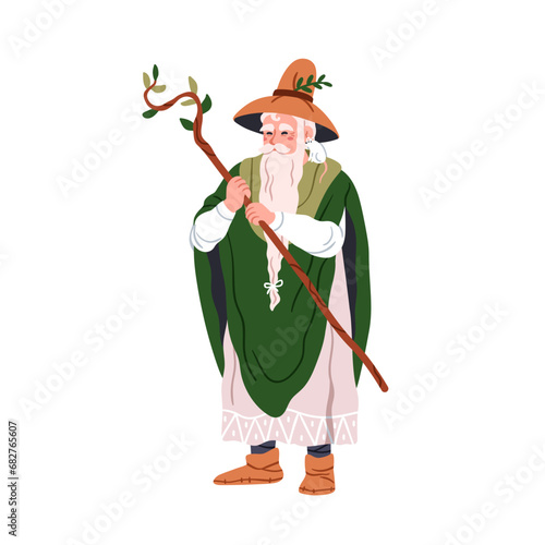 Old bearded magician. Forest wizard, mage with tree branch, staff. Mystic magic nature character. Fairy warlock, ancient mysterious sorcerer. Flat vector illustration isolated on white background