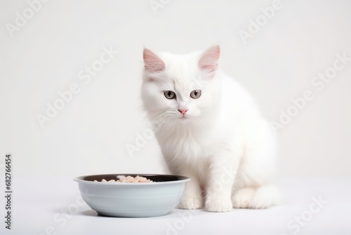 cat sitting with a heap bowl of cat food on white background. Generative AI