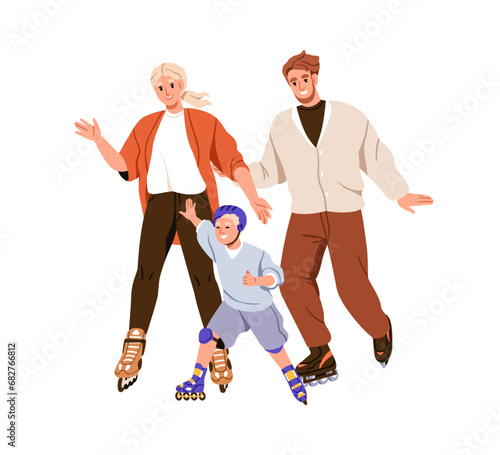 Happy family on roller skates. Parents and child skating in rolling shoes. Mother, father and kid skaters at leisure sports activity together. Flat vector illustration isolated on white background