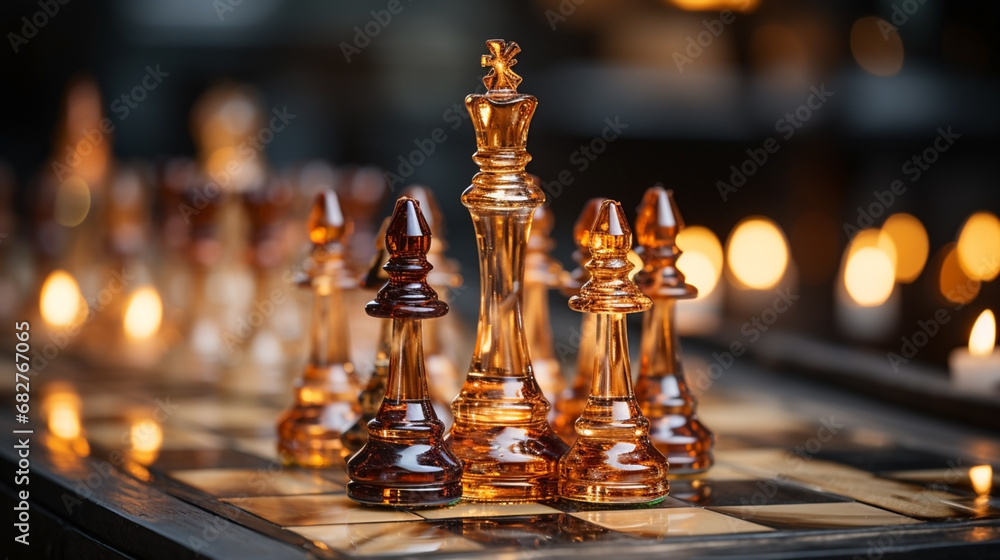 Wide photo of golden shiny transparent finished chess pieces set with king, Queen, bishop, rook and pawns on board Wide photo of golden shiny transparent finished chess pieces set with king, Queen, bishop, rook and pawns on board