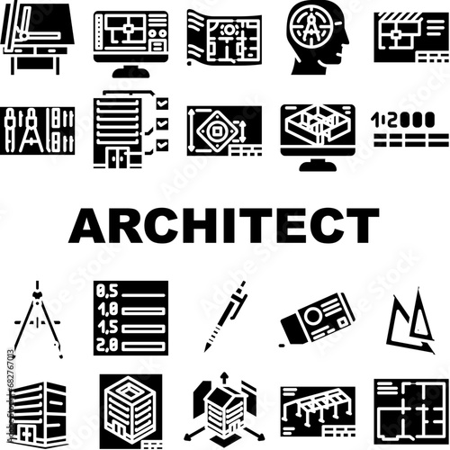 architectural drafter drawing icons set vector. house engineer, plan architecture construction architect building blueprint project architectural drafter drawing glyph pictogram Illustrations
