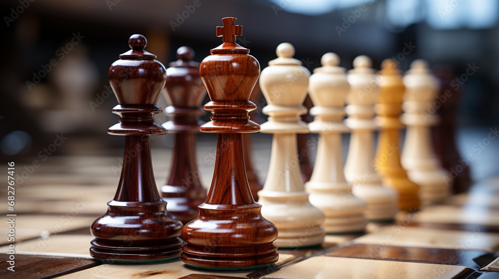 Decorative natural timber dark and light brown chess pieces set on the board with king and bishops Decorative natural timber dark and light brown chess pieces set on the board with king and bishops
