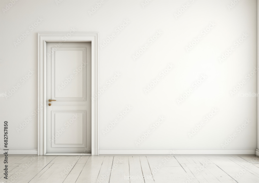 Modern white door. White wall with free space. Minimalist bright interior. Modern white door. White wall with free space. Minimalist bright interior.