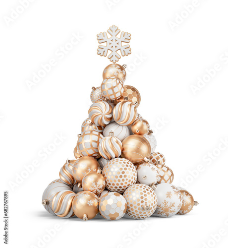 Christmas tree made of gold and white balls. Christmas tree in form of New Year's decorations Isolated on transparent background. 3D render